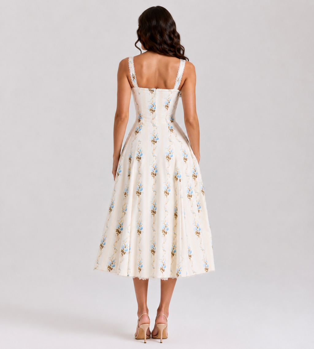Cream Floral Print Corset Midi Dress