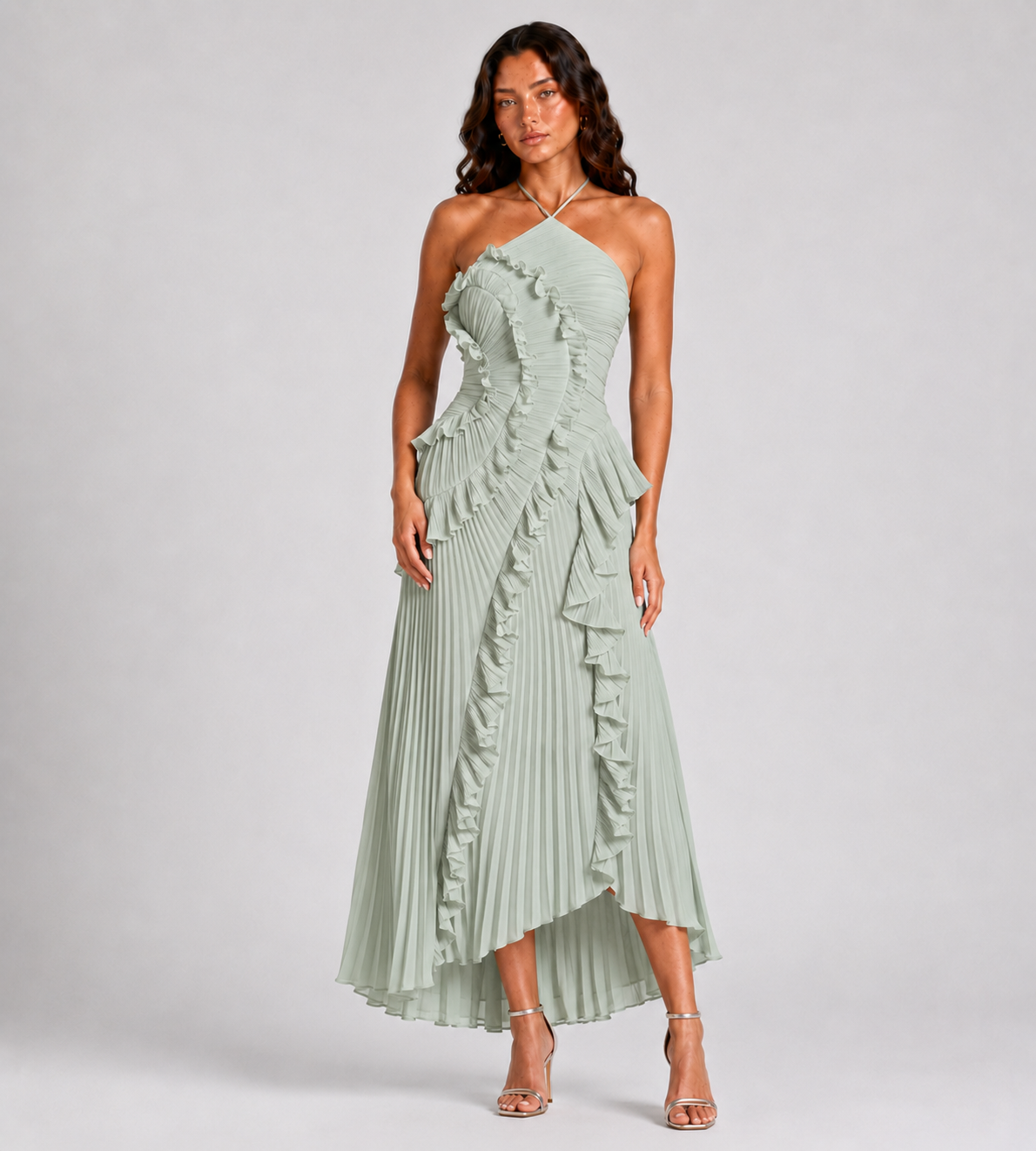 Cascading Ruffle Pleated Halter Maxi Dress - Mint Green