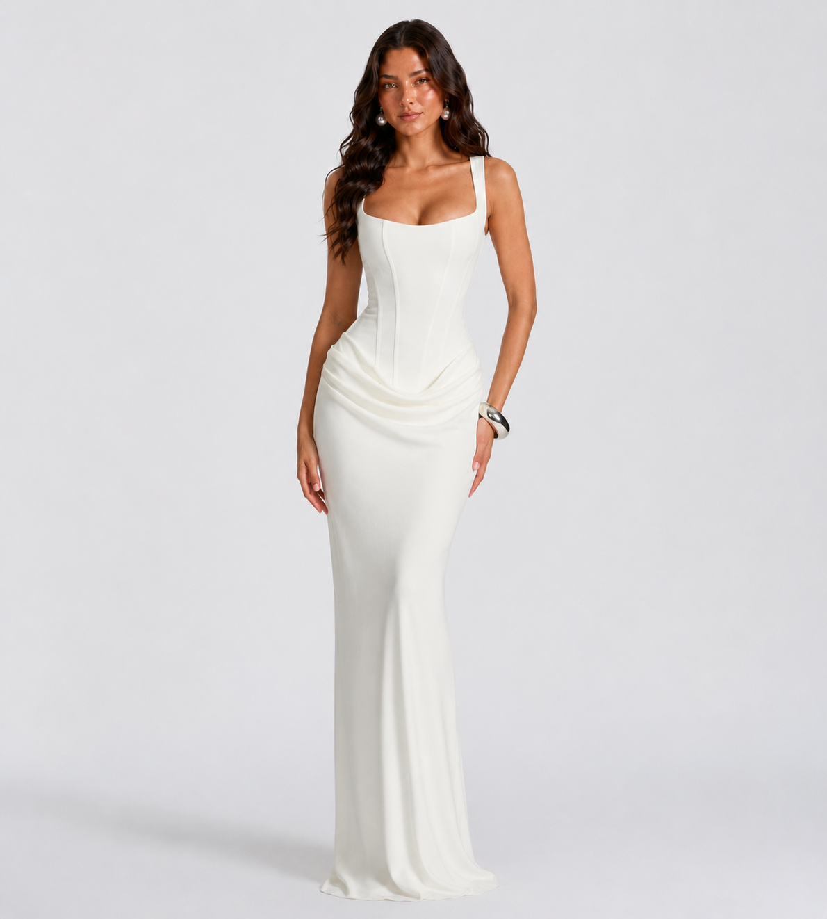 Cowl Drape Corset Maxi Dress - White