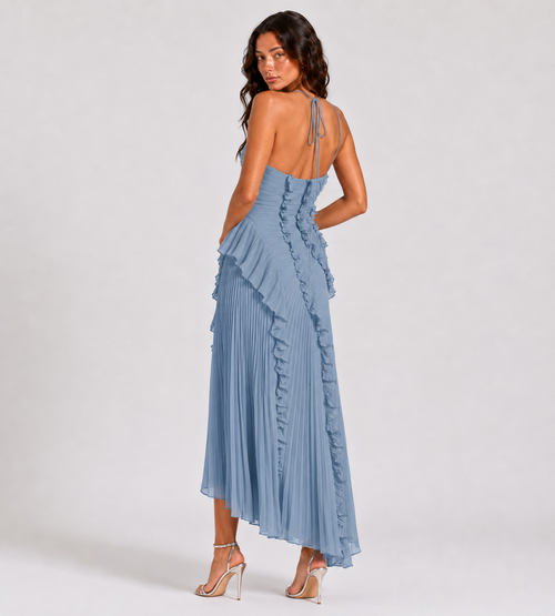 Cascading Ruffle Pleated Halter Maxi Dress - Blue