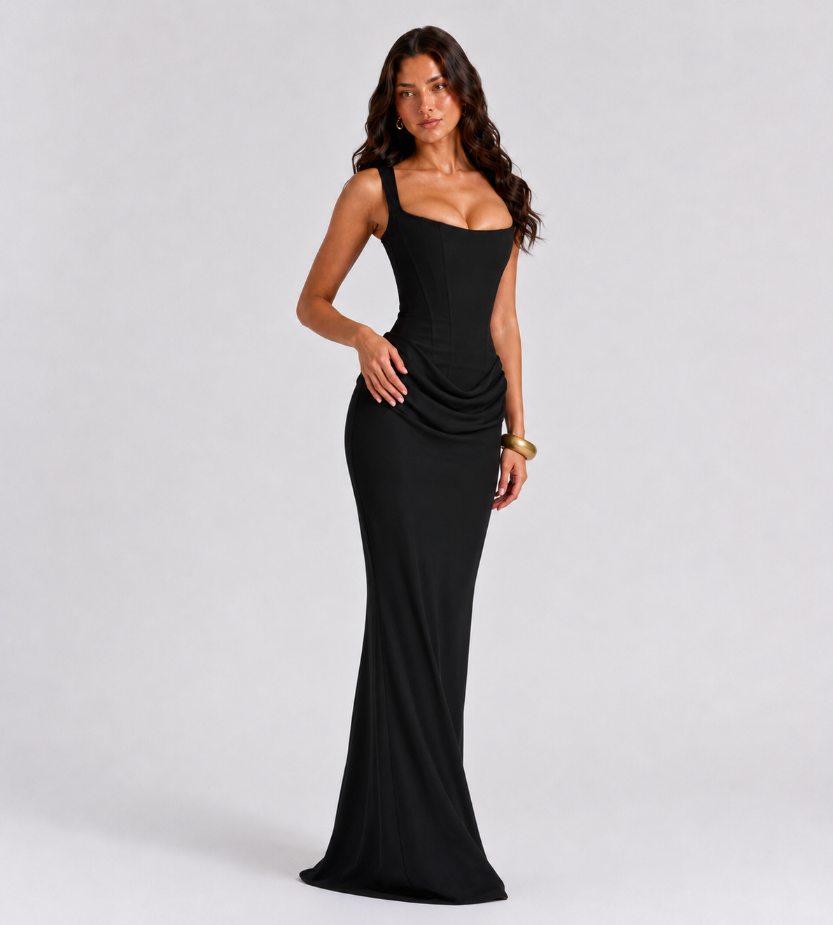 Cowl Drape Corset Maxi Dress - Black