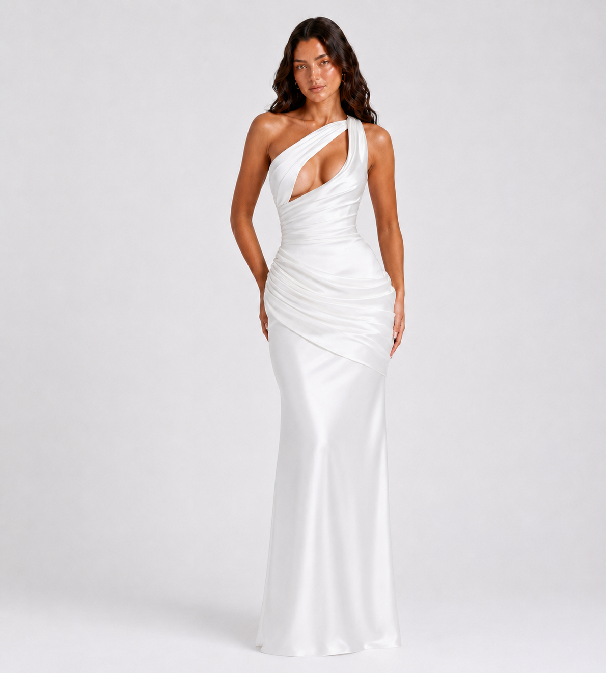 Draped One-Shoulder Cutout Satin Maxi Dress - White