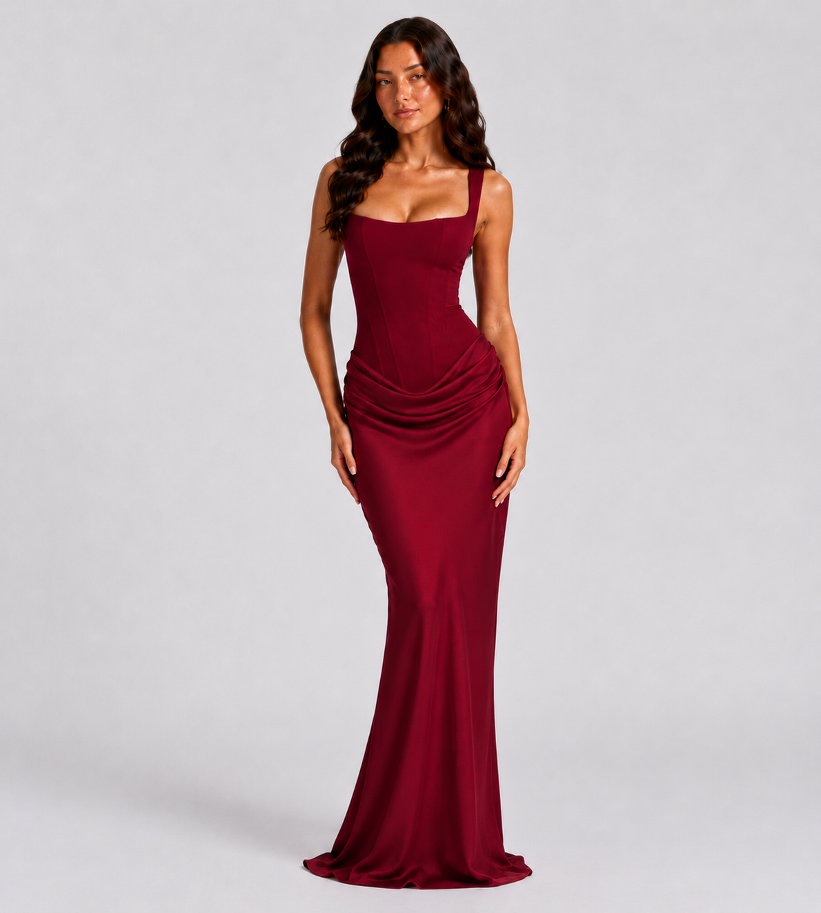 Cowl Drape Corset Maxi Dress - Red