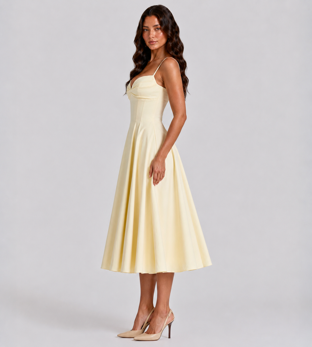 Lemon Pleated Midi Dress