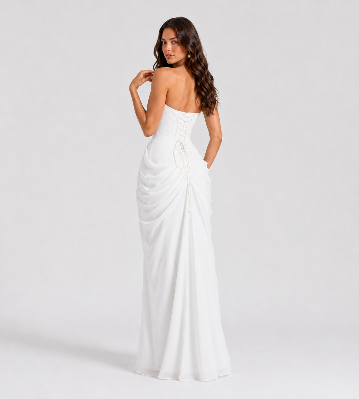 Strapless Draped Slit Maxi Dress - White