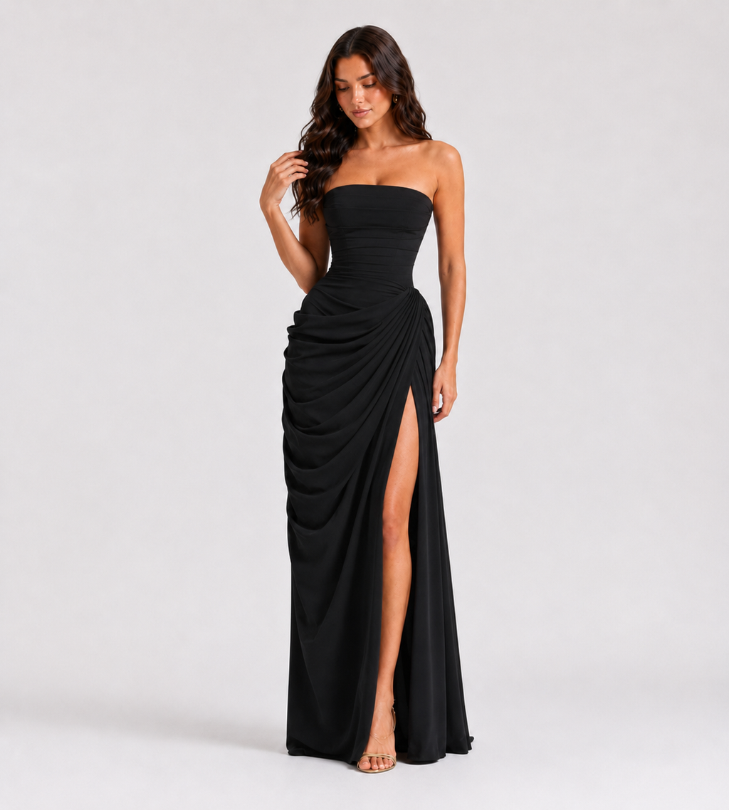 Strapless Draped Slit Maxi Dress - Black