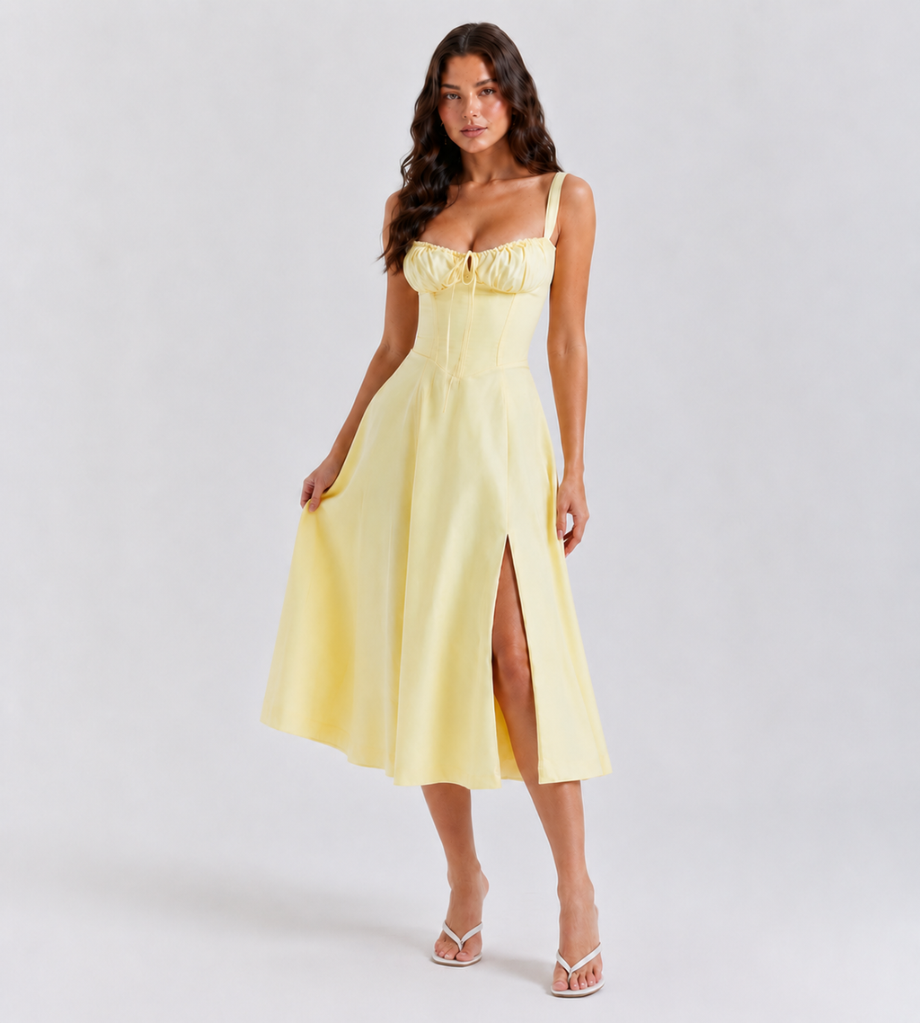 Ruched Corset Slit Midi Dress - Yellow