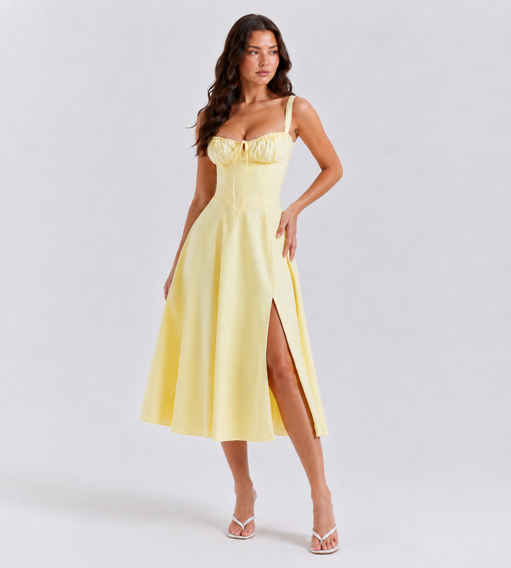 Ruched Corset Slit Midi Dress - Yellow