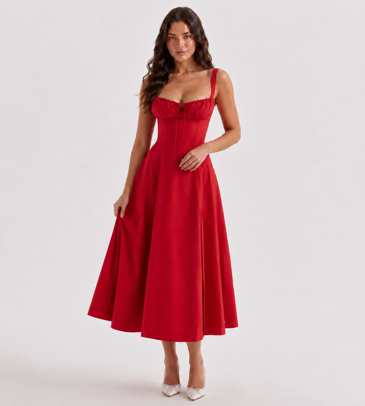 Ruched Corset Slit Midi Dress - Red