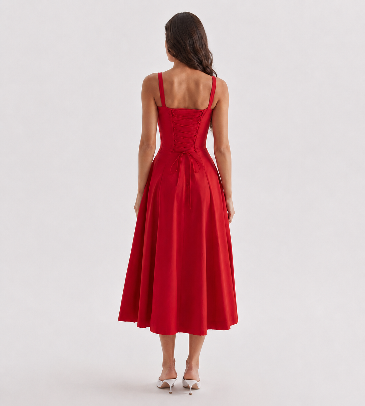 Ruched Corset Slit Midi Dress - Red