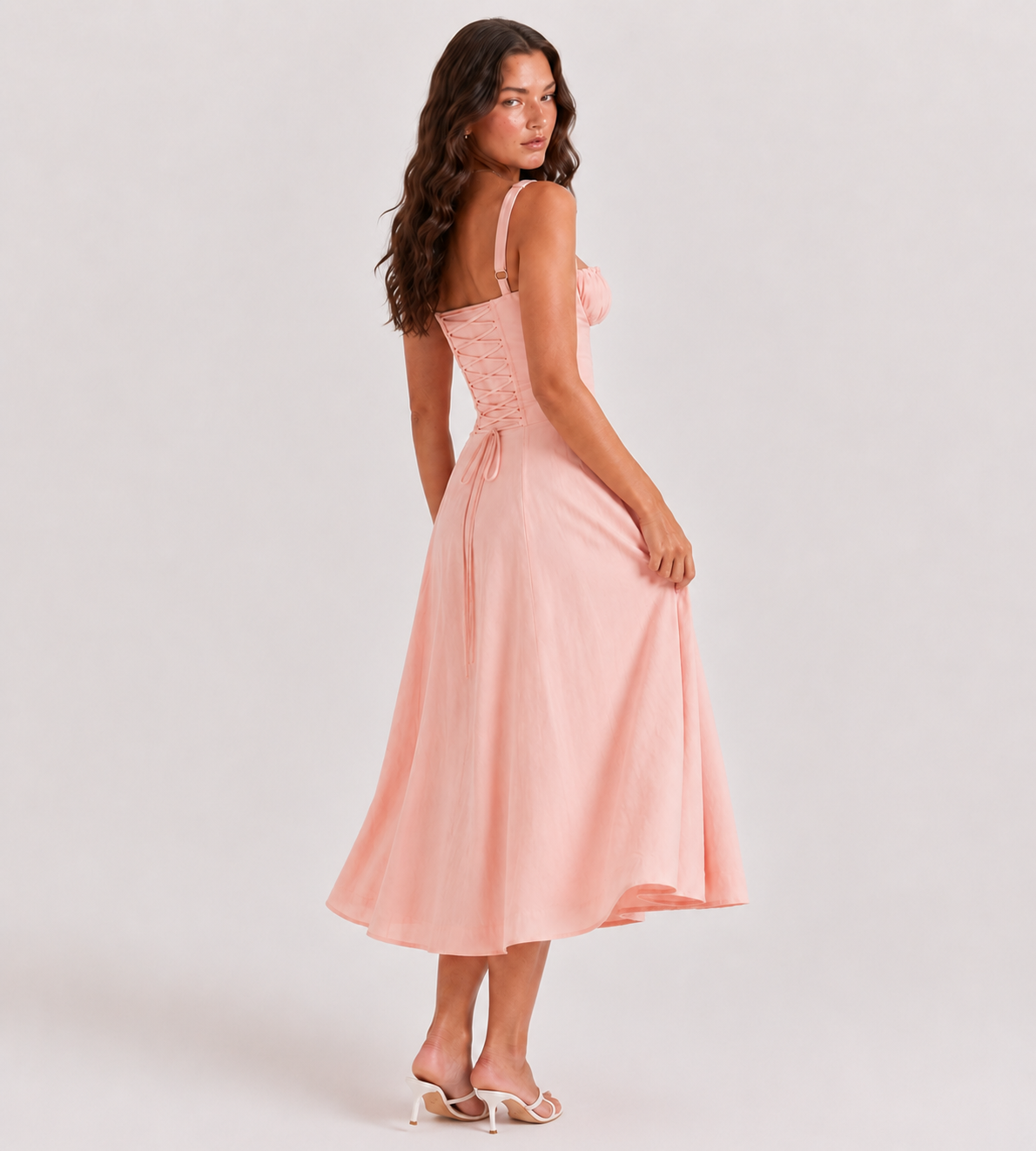 Ruched Corset Slit Midi Dress - Pink