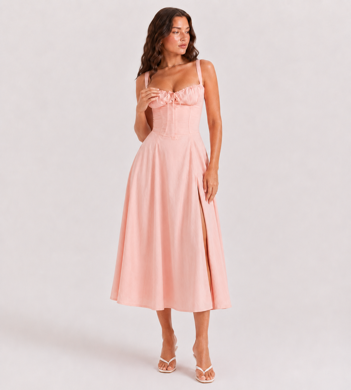 Ruched Corset Slit Midi Dress - Pink