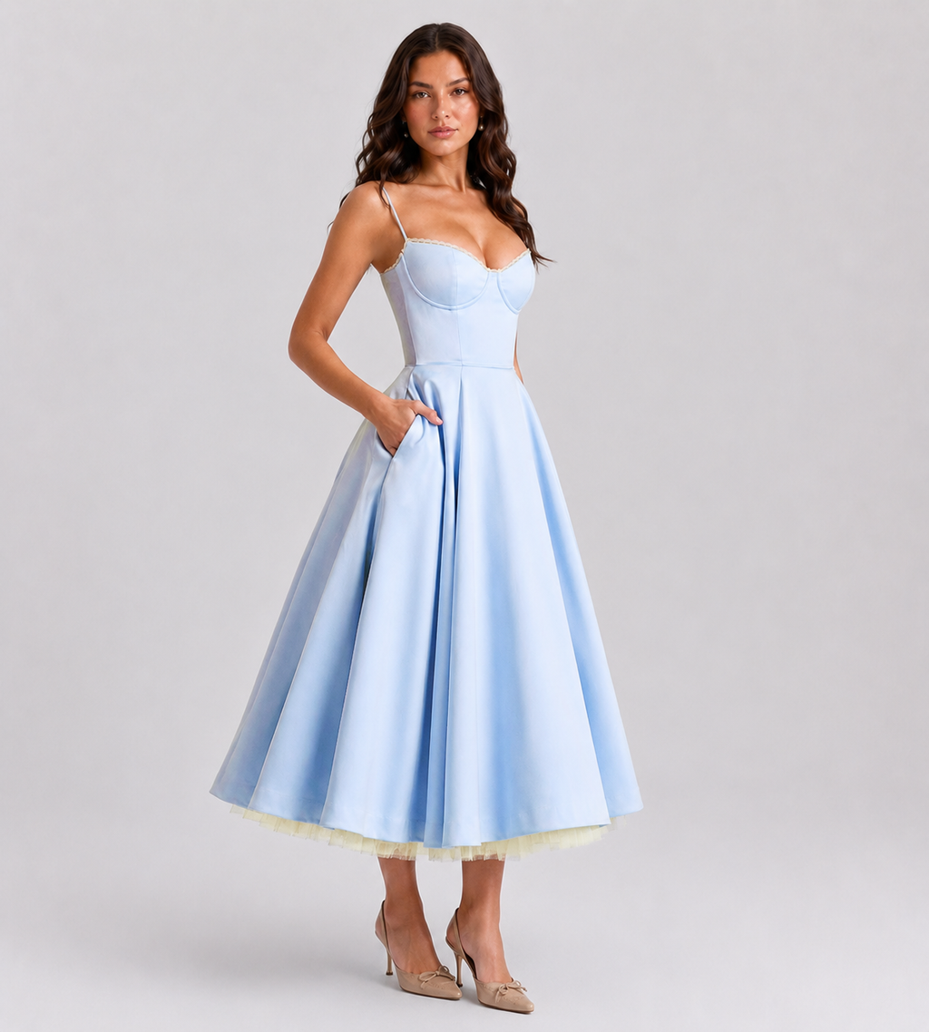 Corset Tulle Midi Dress with Pockets - Blue