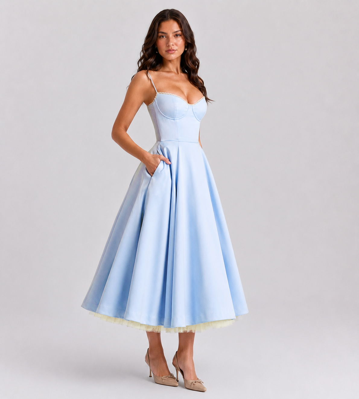 Corset Tulle Midi Dress with Pockets - Blue