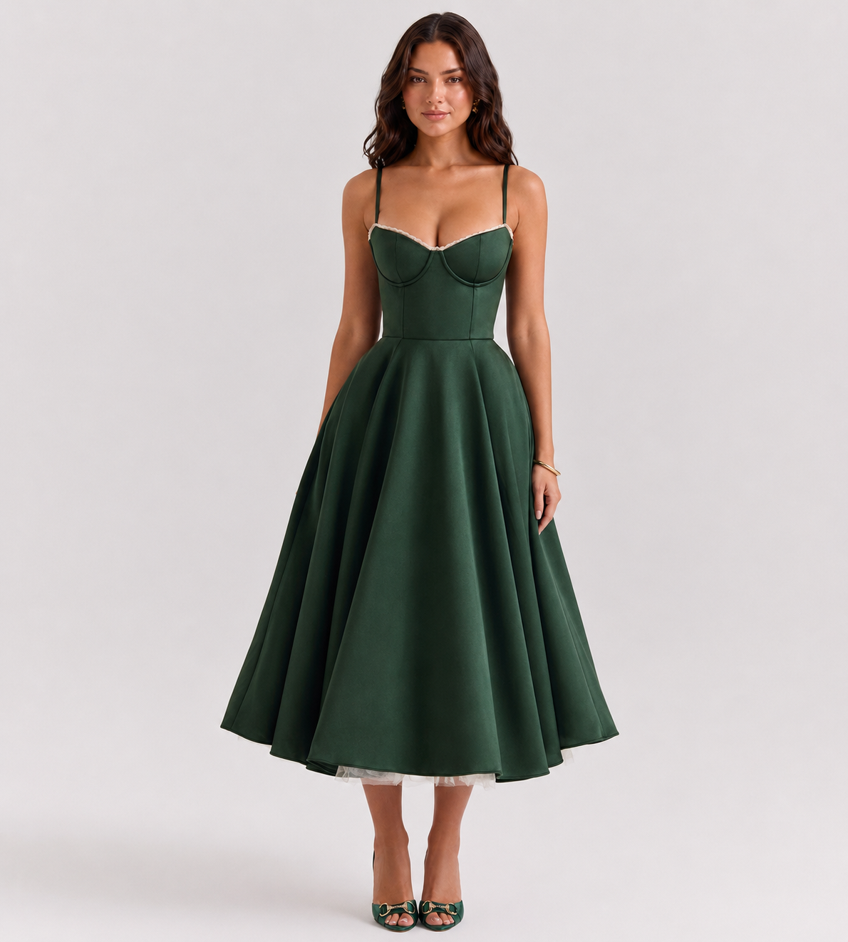 Corset Tulle Midi Dress with Pockets - Green