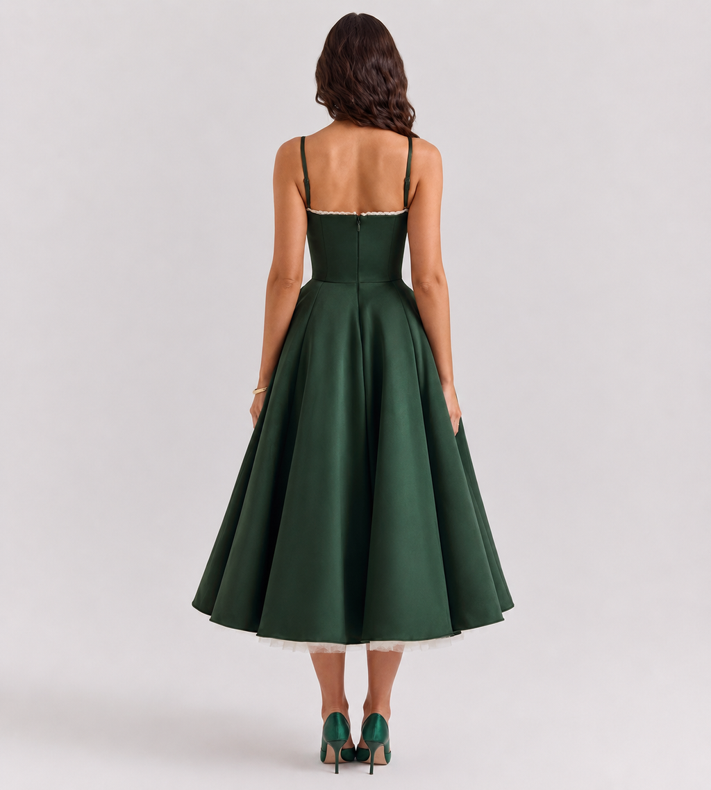 Corset Tulle Midi Dress with Pockets - Green