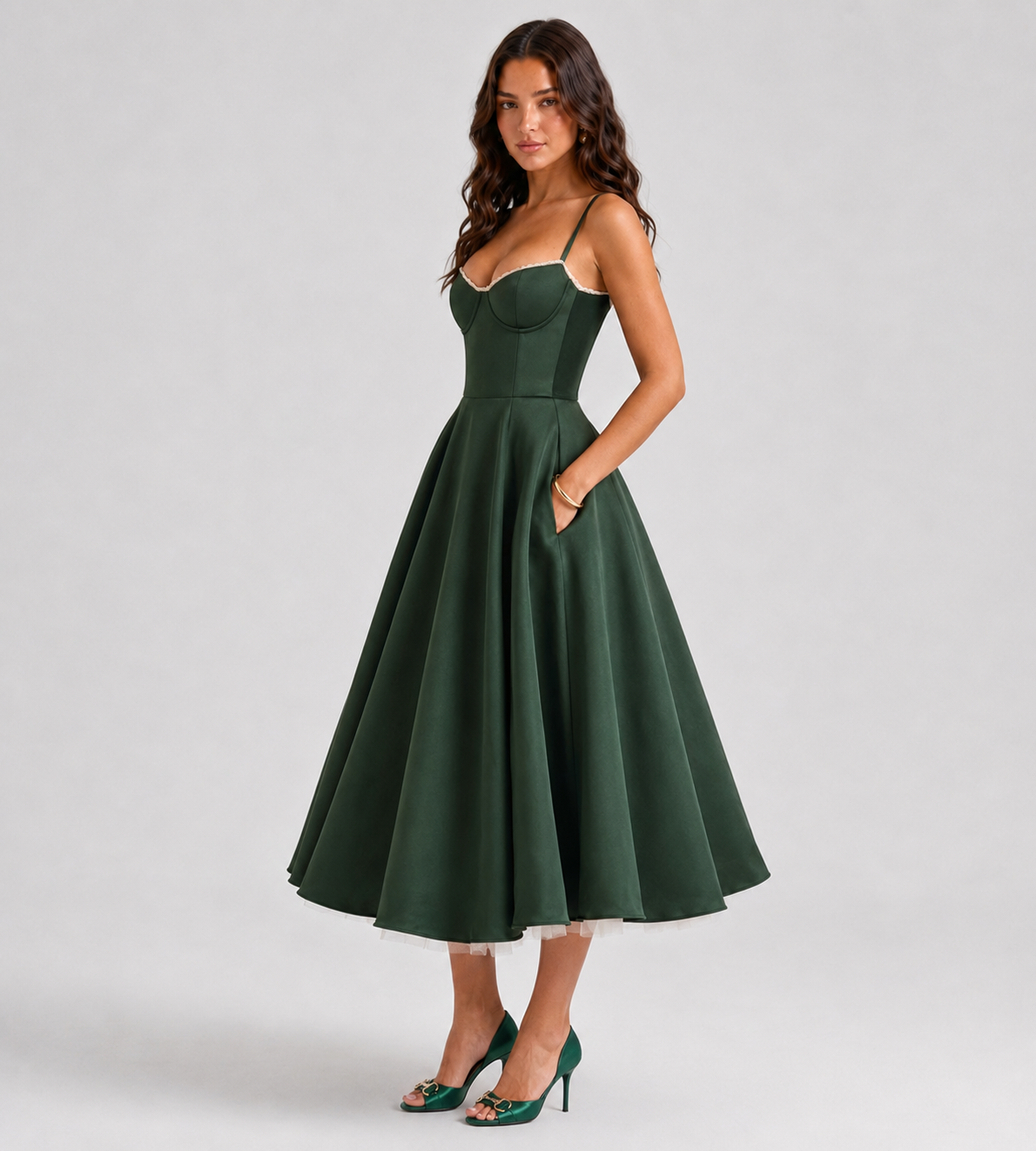 Corset Tulle Midi Dress with Pockets - Green