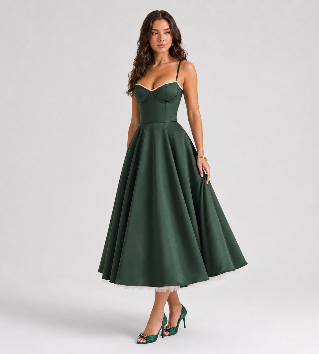 Corset Tulle Midi Dress with Pockets - Green