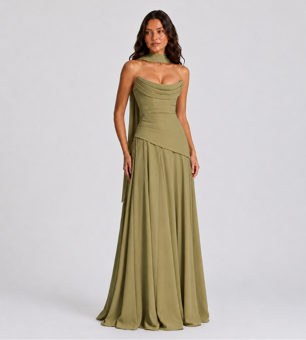 Strapless Scarf Drape Corset Maxi Dress - Sage Green