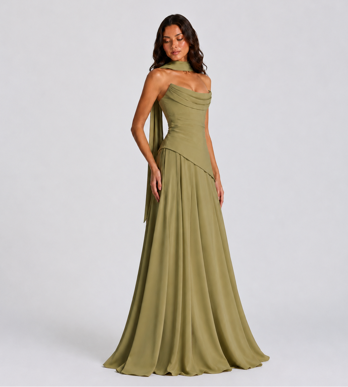 Strapless Scarf Drape Corset Maxi Dress - Sage Green