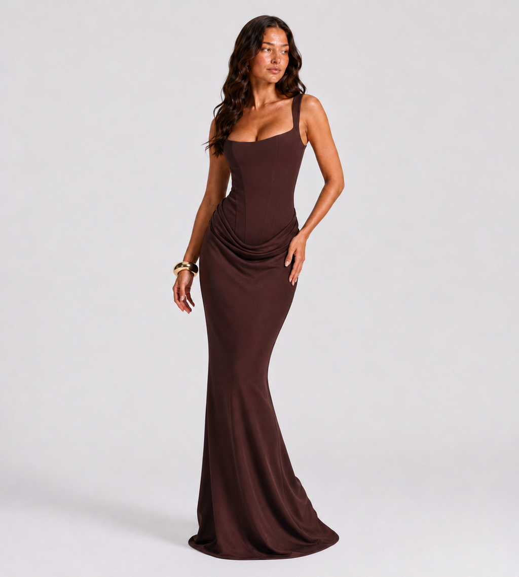 Cowl Drape Corset Maxi Dress - Brown