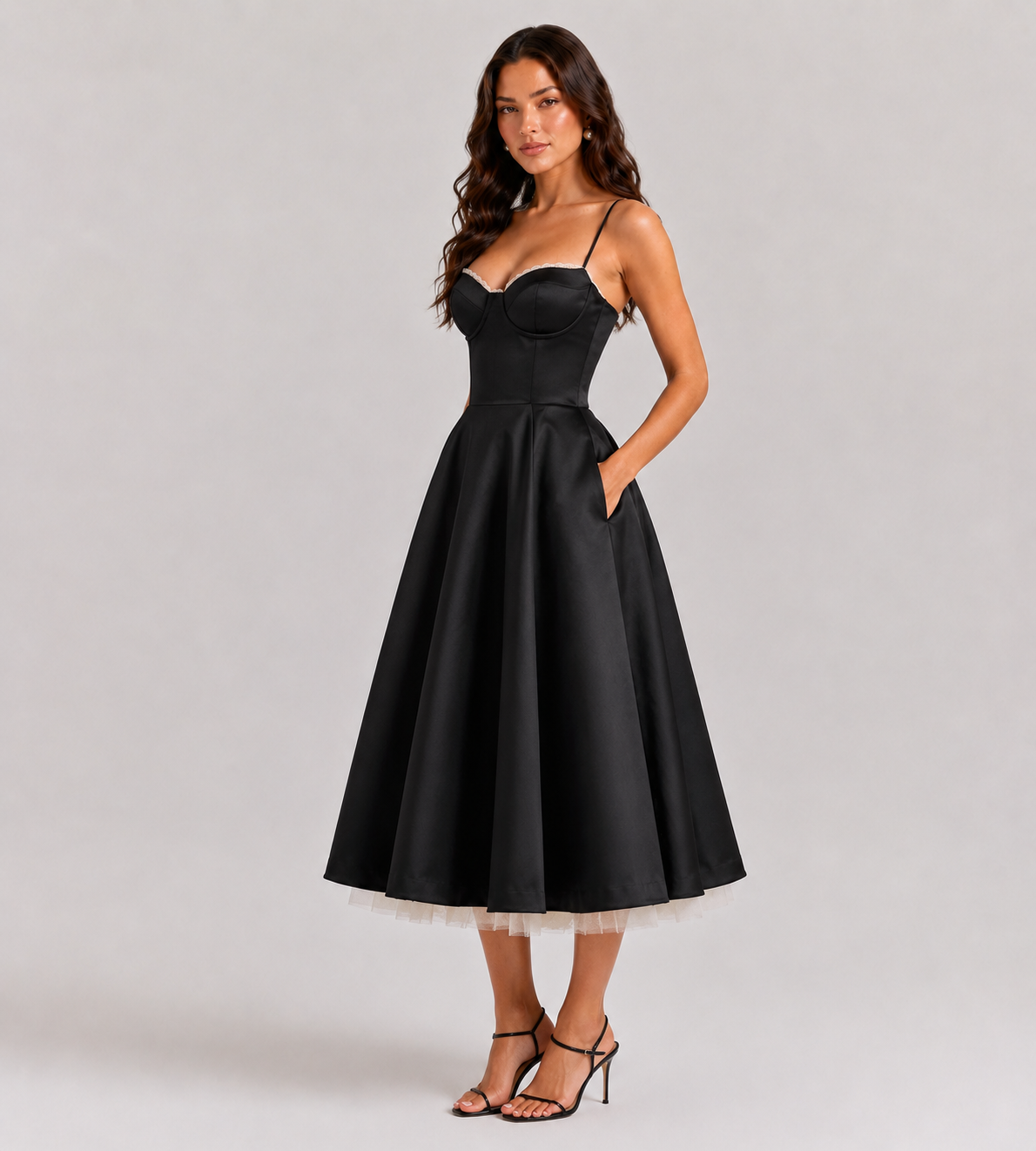 Corset Tulle Midi Dress with Pockets - Black