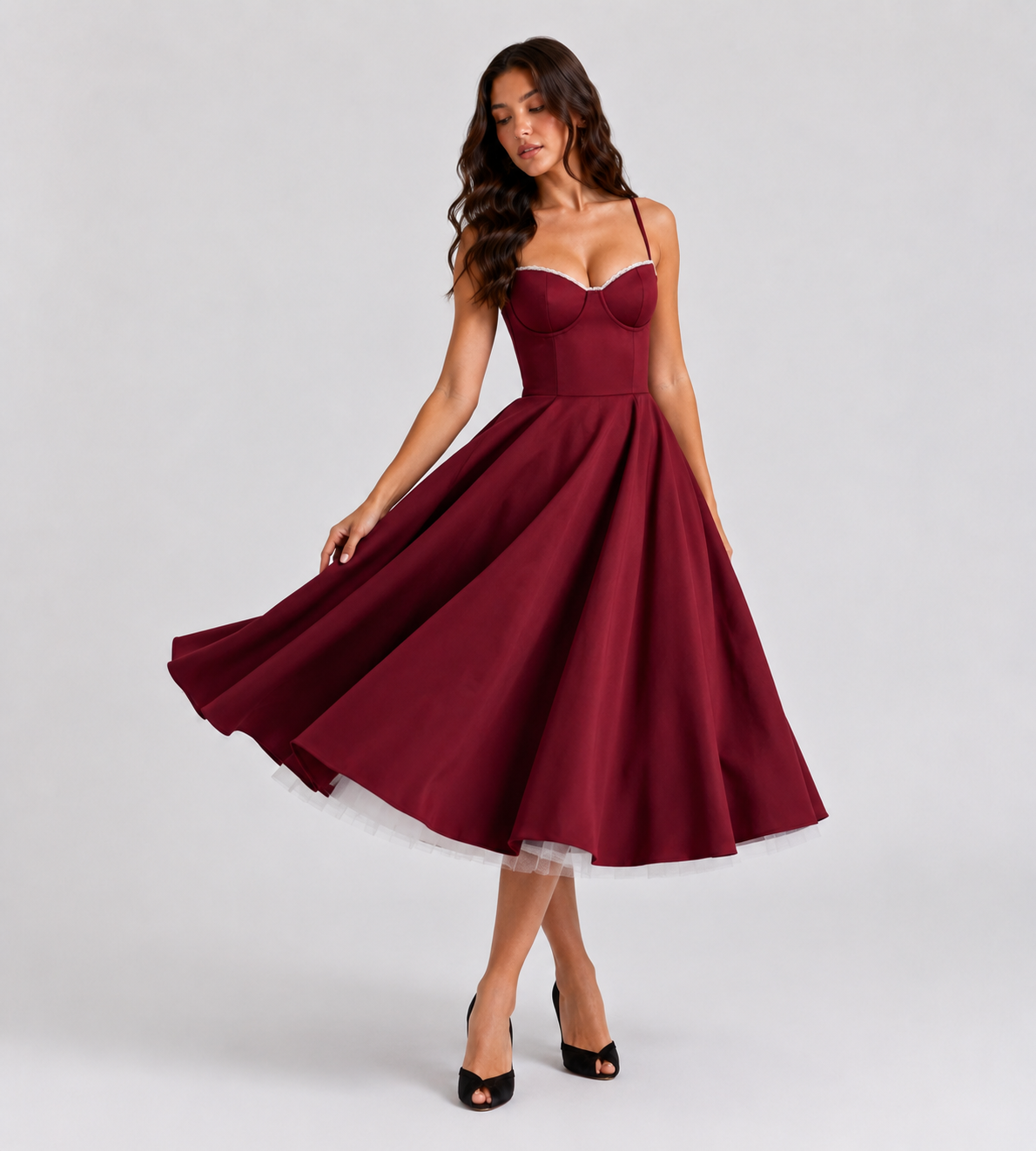 Corset Tulle Midi Dress with Pockets - Red