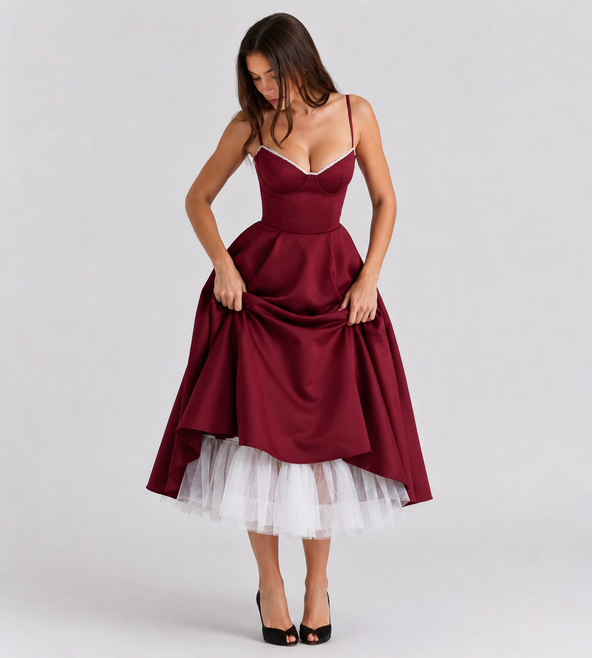 Corset Tulle Midi Dress with Pockets - Red