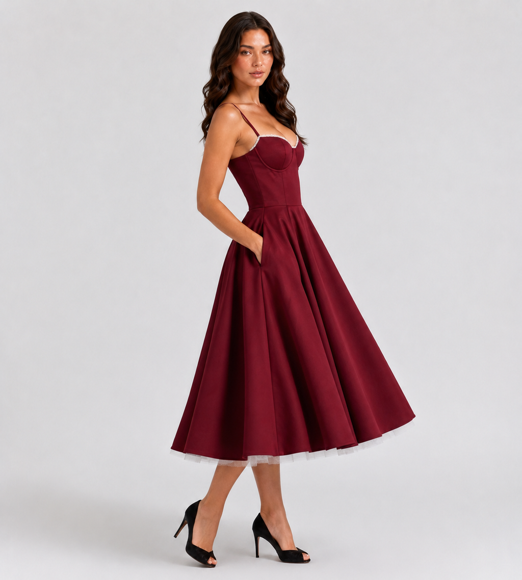 Corset Tulle Midi Dress with Pockets - Red
