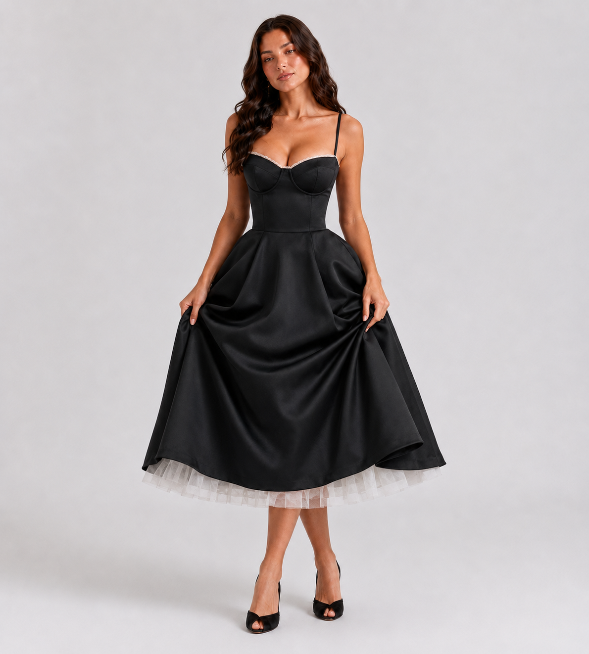 Corset Tulle Midi Dress with Pockets - Black