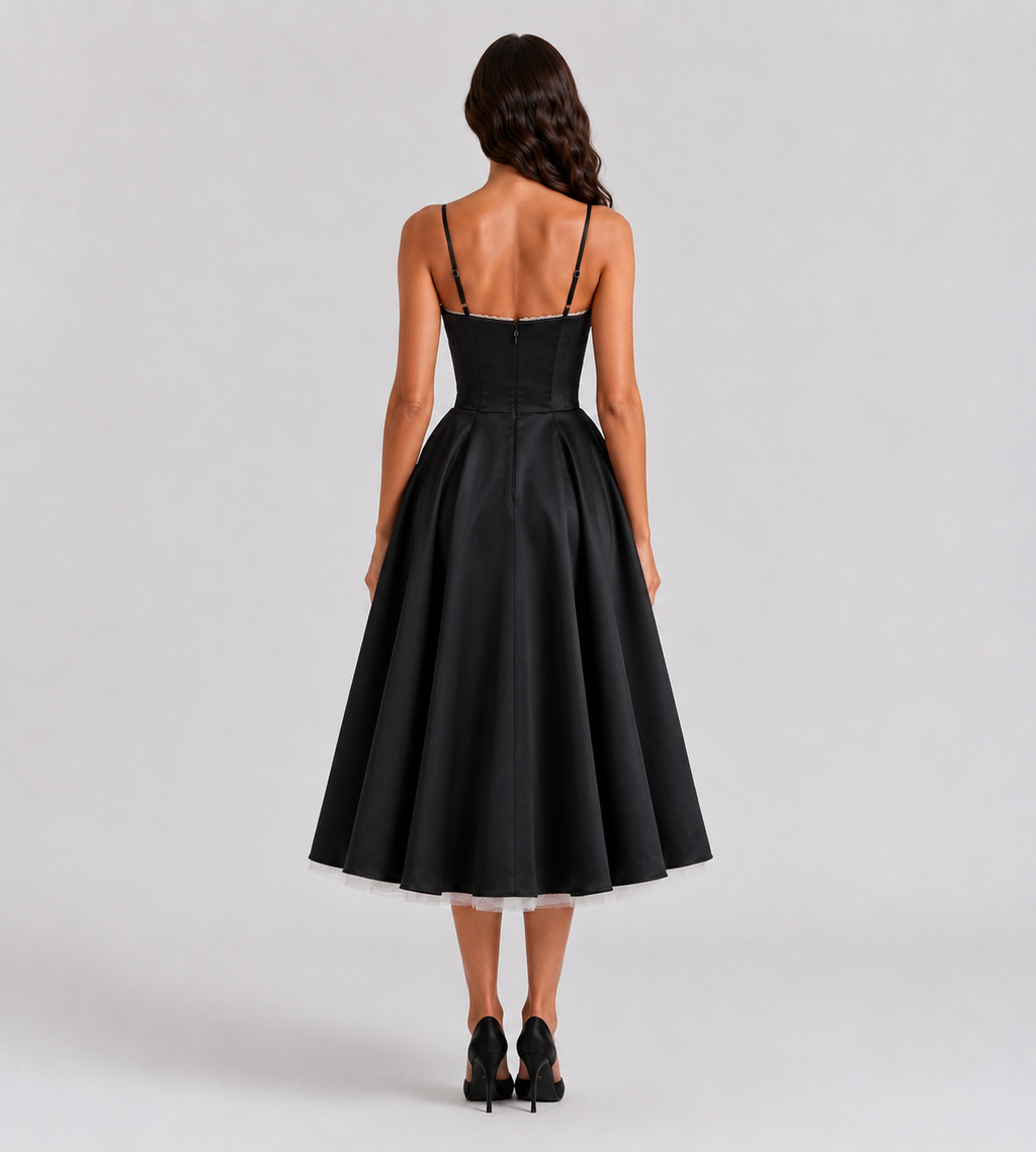 Corset Tulle Midi Dress with Pockets - Black