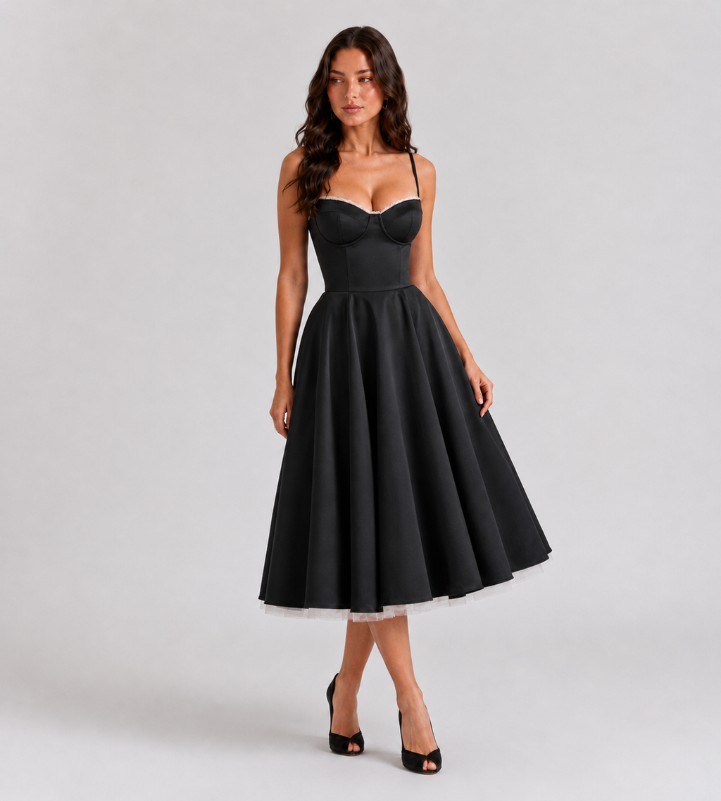 Corset Tulle Midi Dress with Pockets - Black