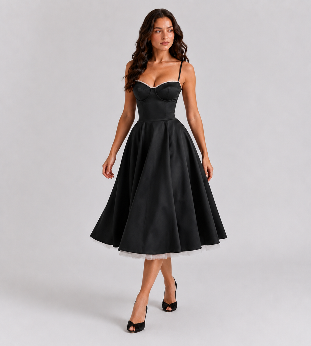 Corset Tulle Midi Dress with Pockets - Black