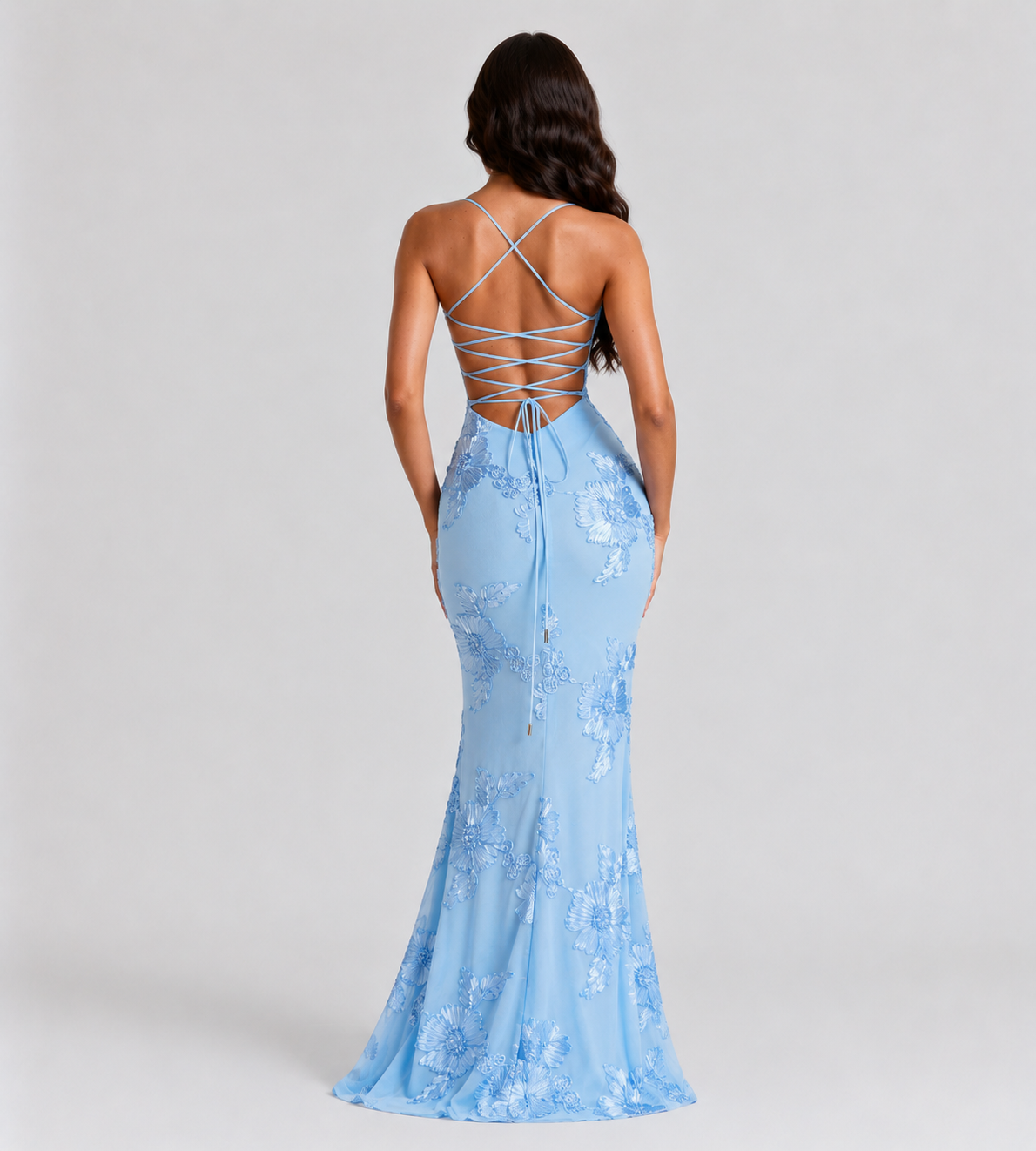 Floral Appliqué Corset Maxi Dress - Blue