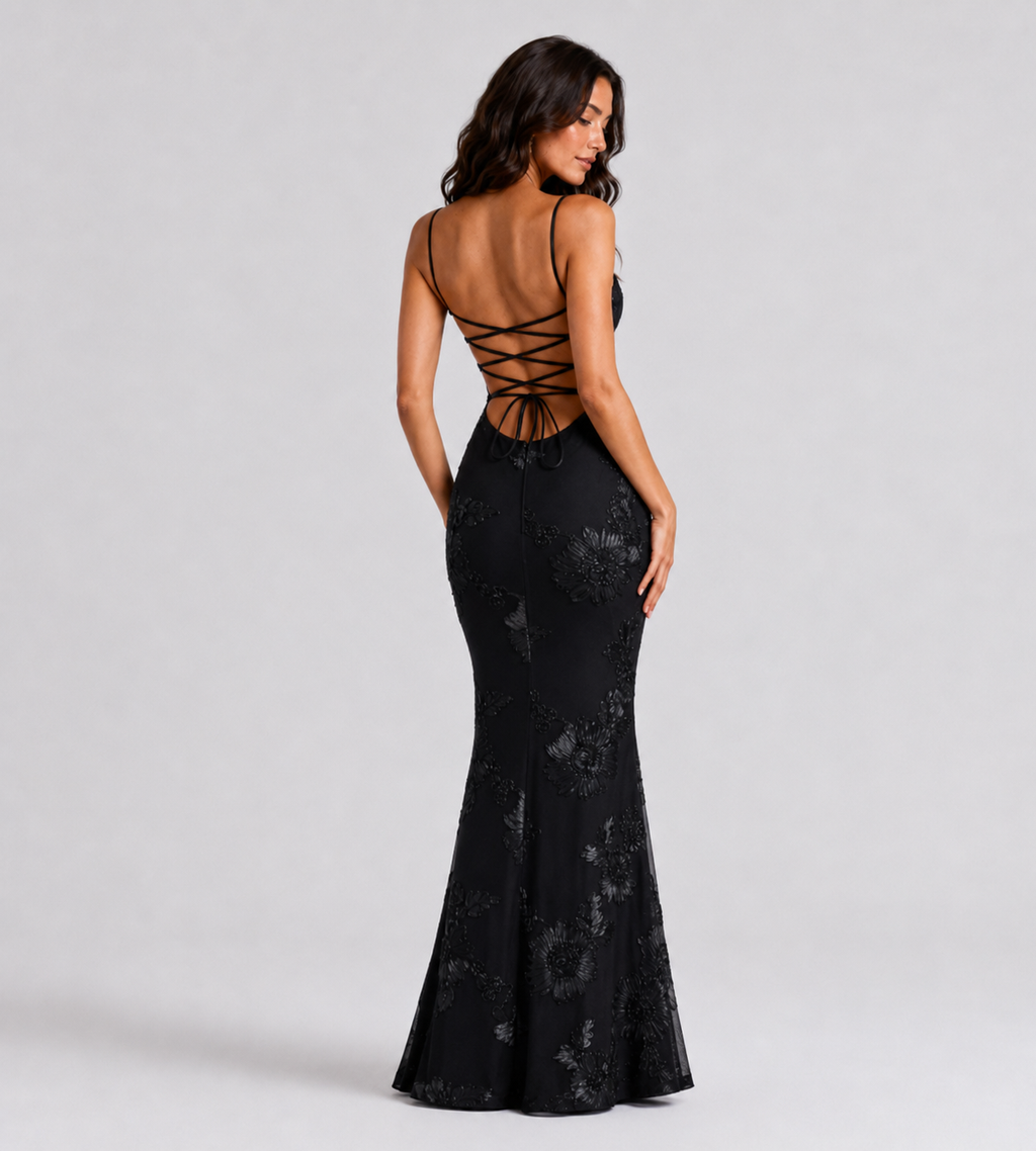Floral Appliqué Corset Maxi Dress - Black