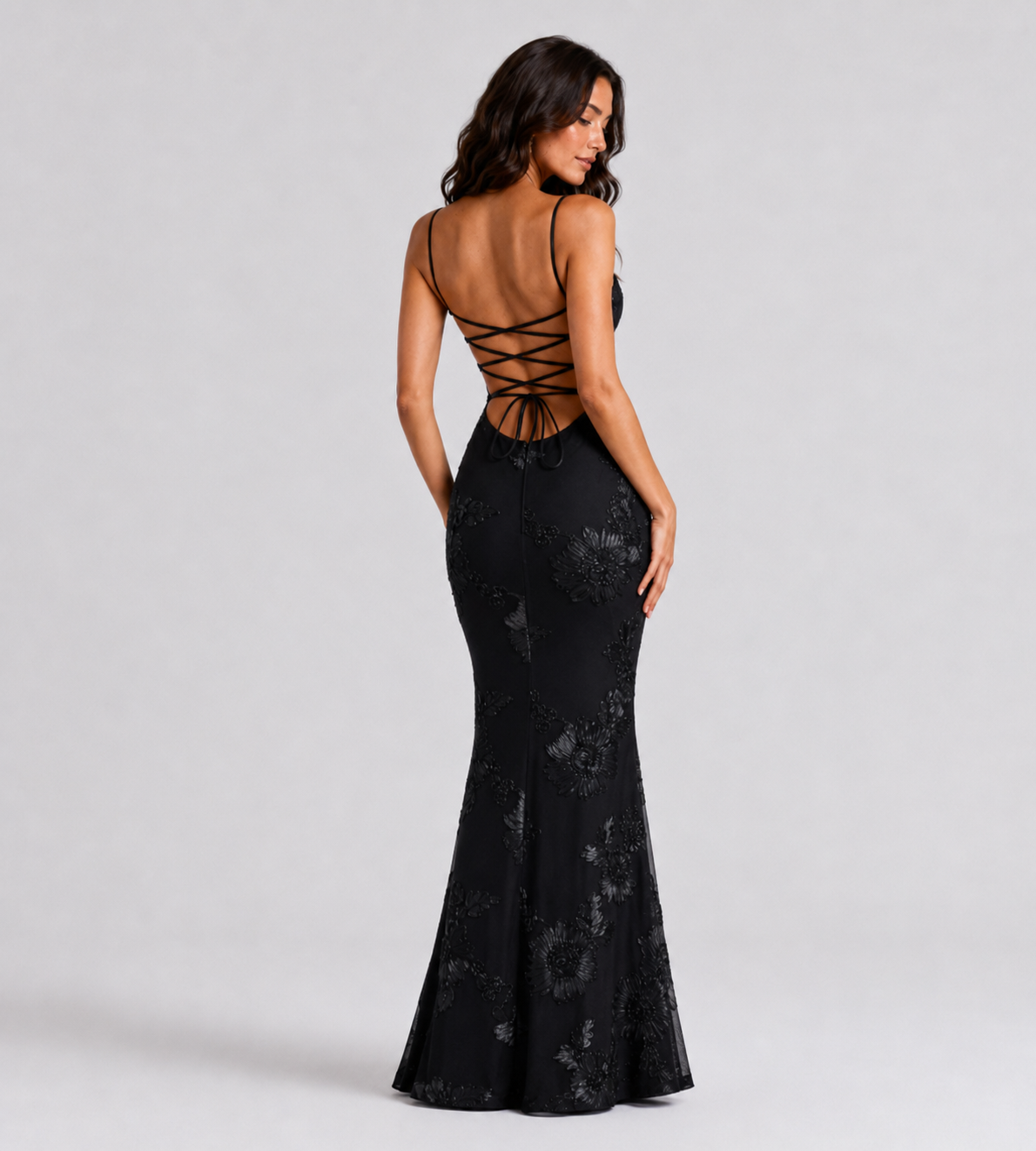 Floral Appliqué Corset Maxi Dress - Black