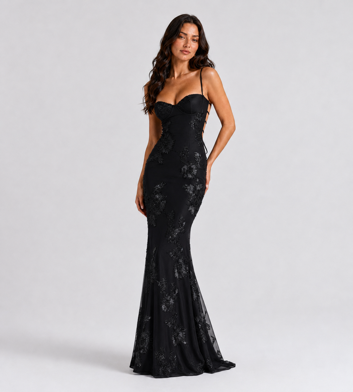 Floral Appliqué Corset Maxi Dress - Black