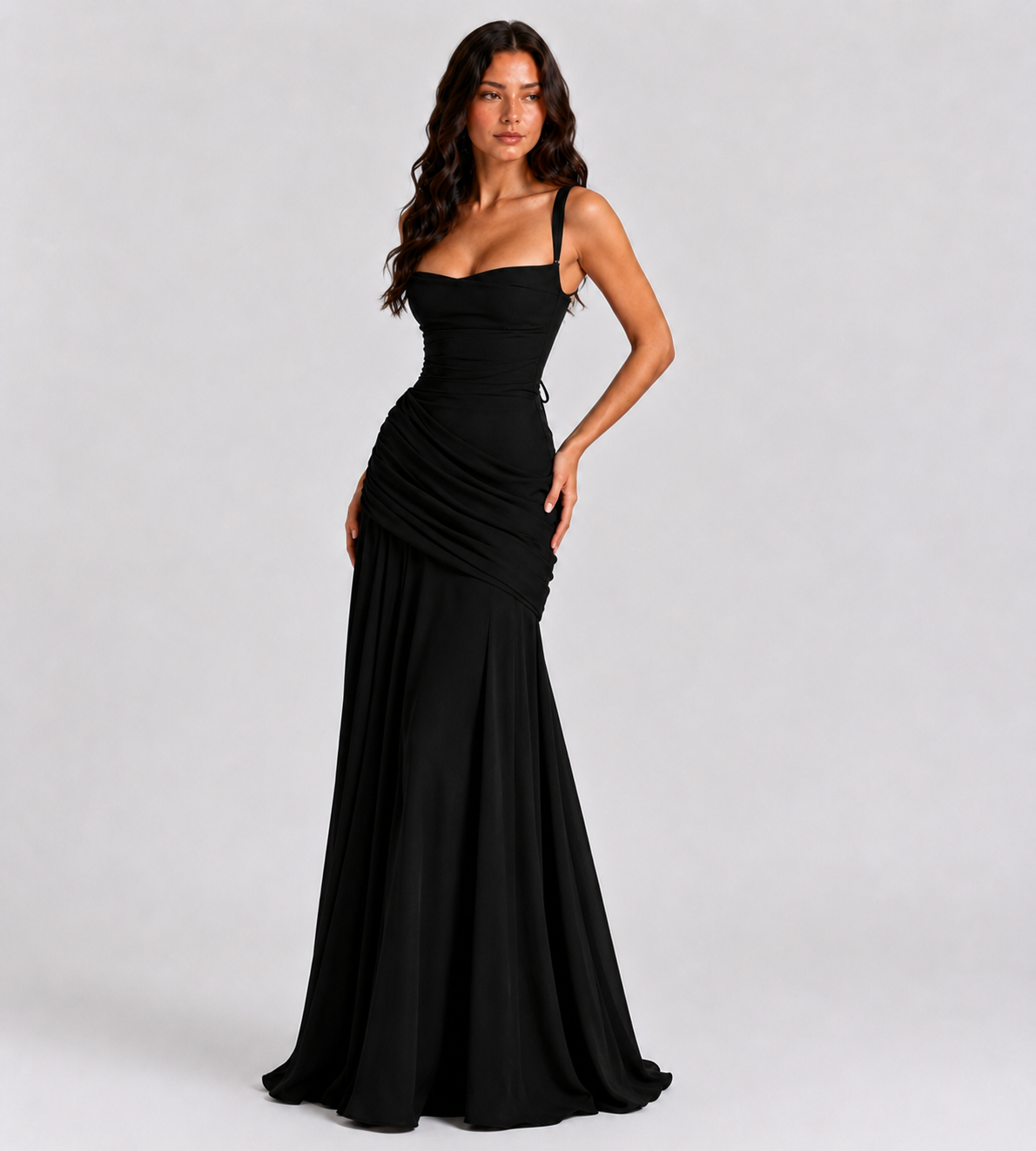 Square Neck Draped Corset Maxi Dress - Black