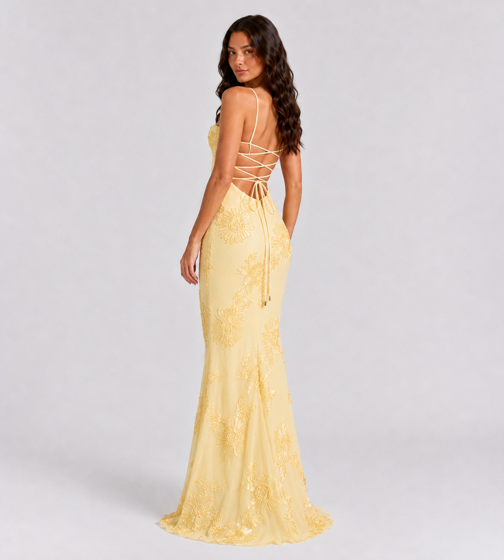 Floral Appliqué Corset Maxi Dress - Lemon