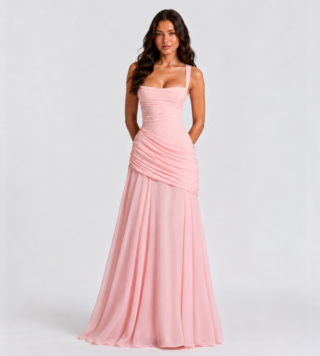 Square Neck Draped Corset Maxi Dress - Pink