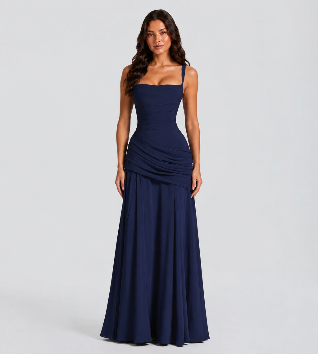 Square Neck Draped Corset Maxi Dress - Navy