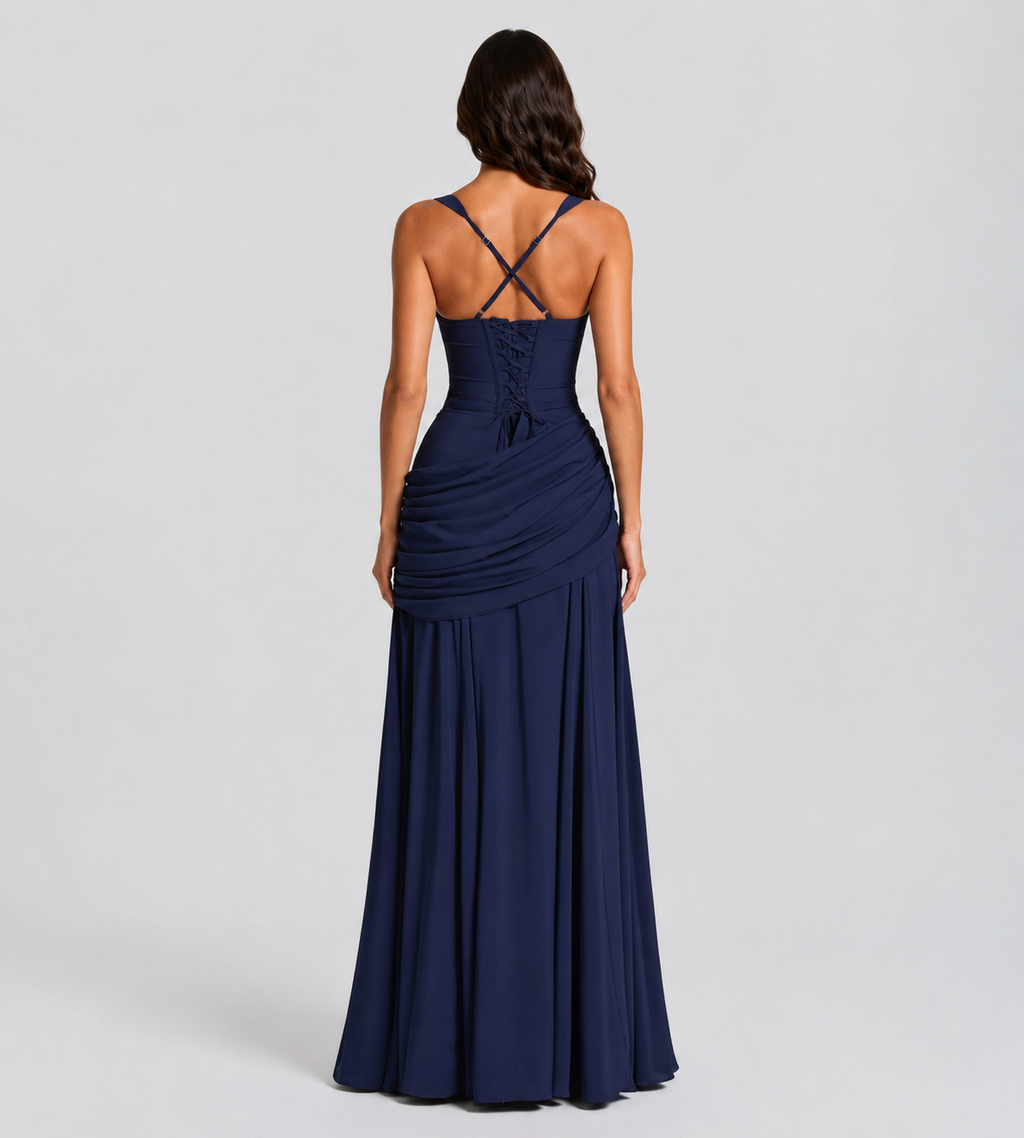Square Neck Draped Corset Maxi Dress - Navy
