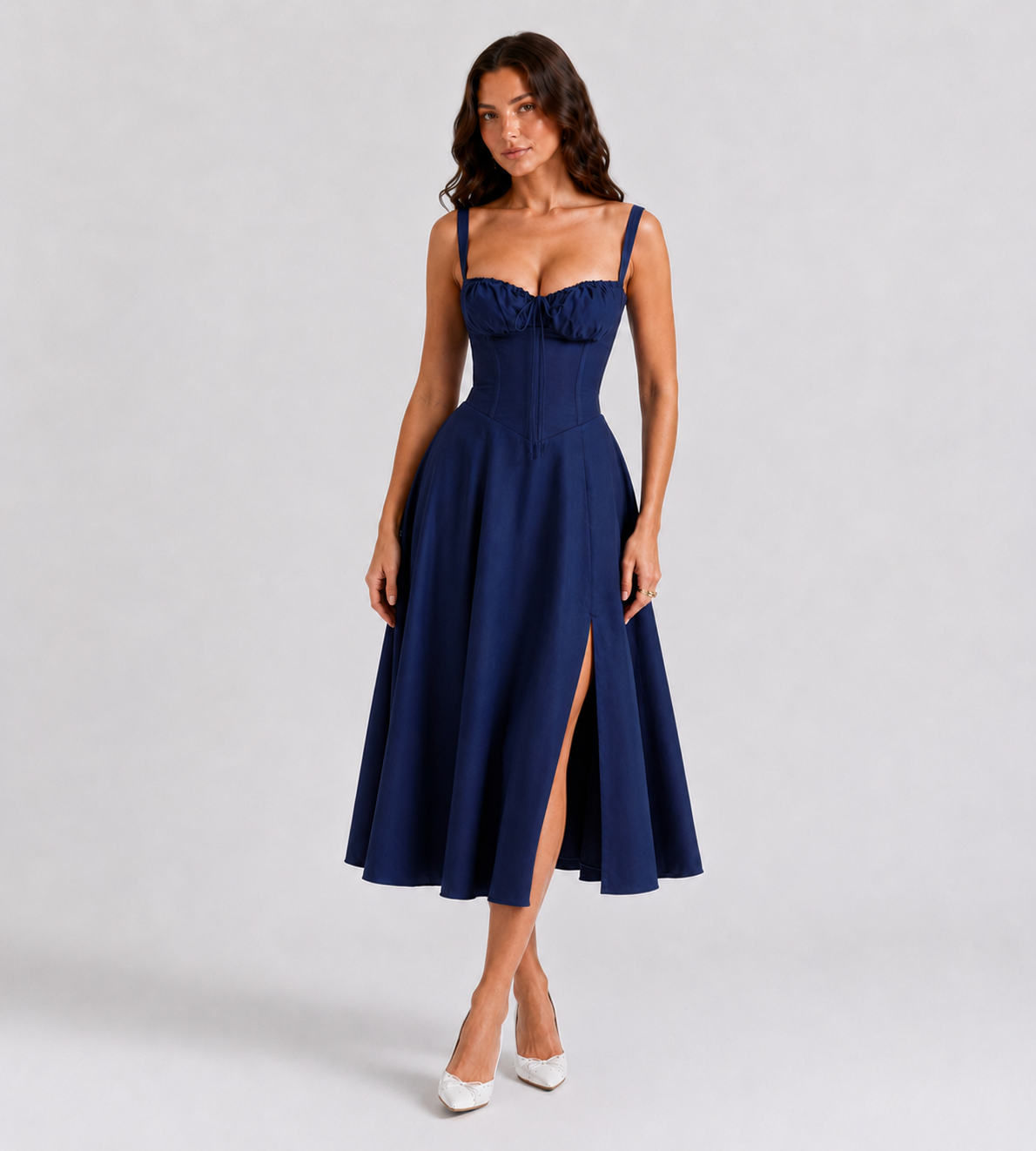 Ruched Corset Slit Midi Dress - Navy