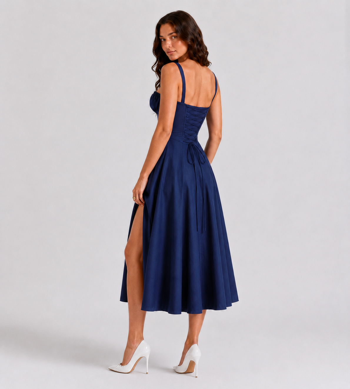 Ruched Corset Slit Midi Dress - Navy