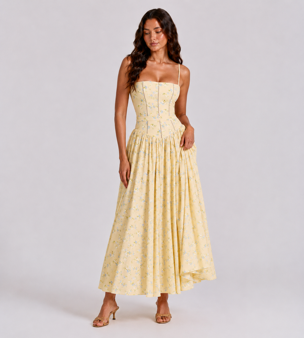 Summer Lemon Floral Midi Dress