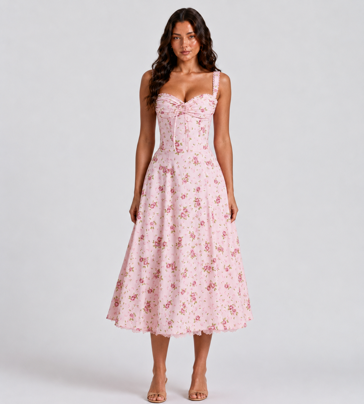Vintage Pink Floral Corset Midi Dress