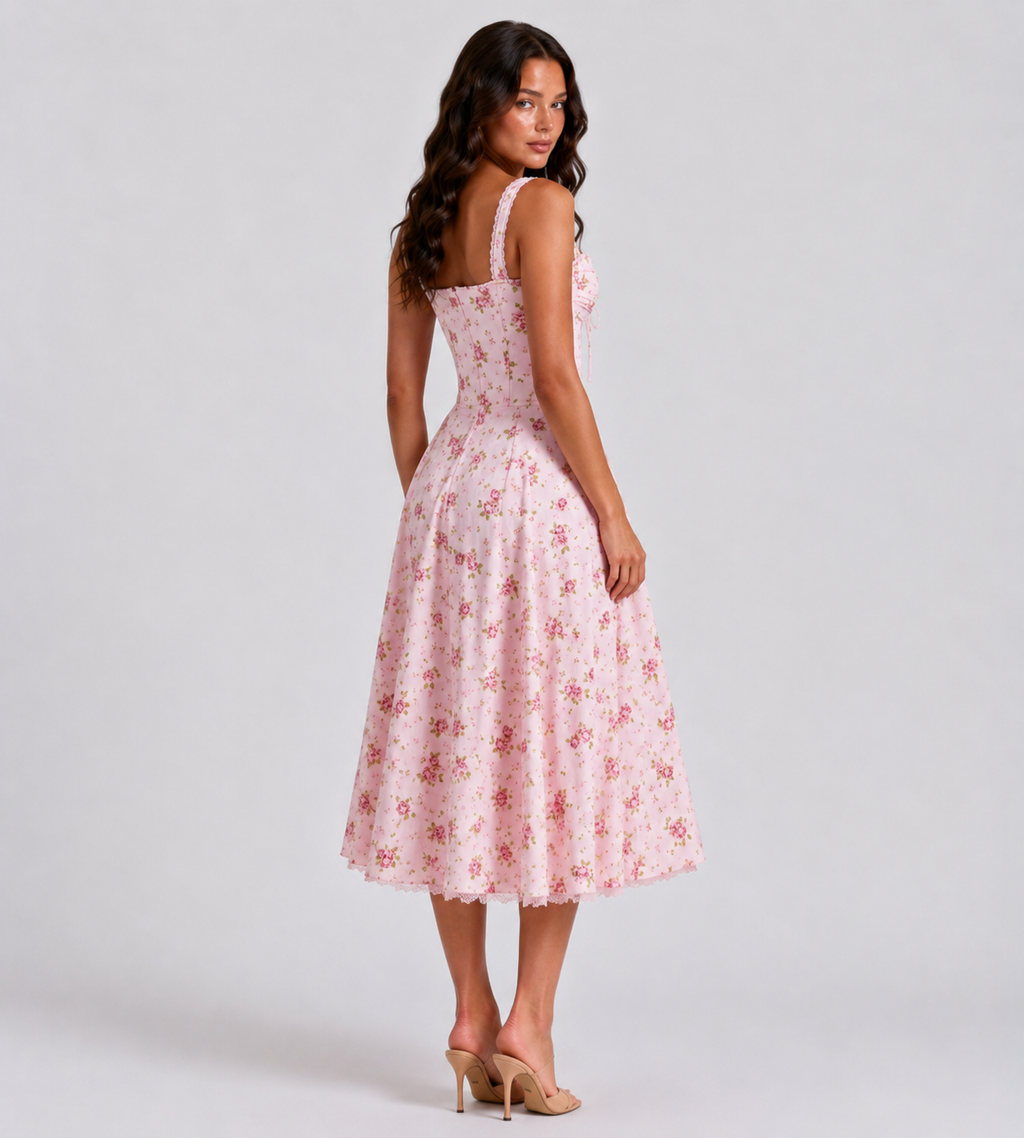 Vintage Pink Floral Corset Midi Dress
