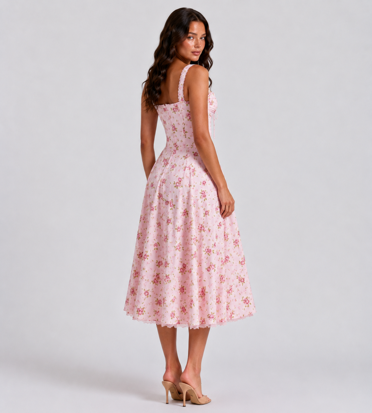 Vintage Pink Floral Corset Midi Dress