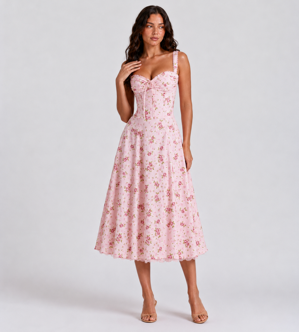 Vintage Pink Floral Corset Midi Dress