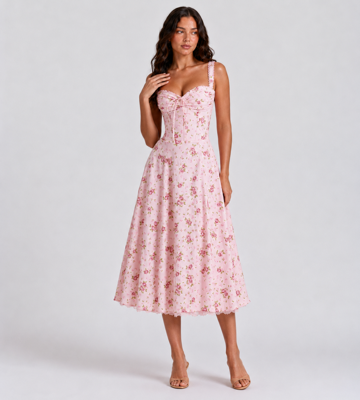 Vintage Pink Floral Corset Midi Dress